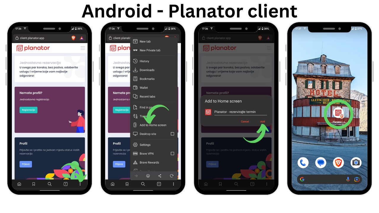 Android: Chrome, tri točkice, Dodaj na početni zaslon, Dodaj