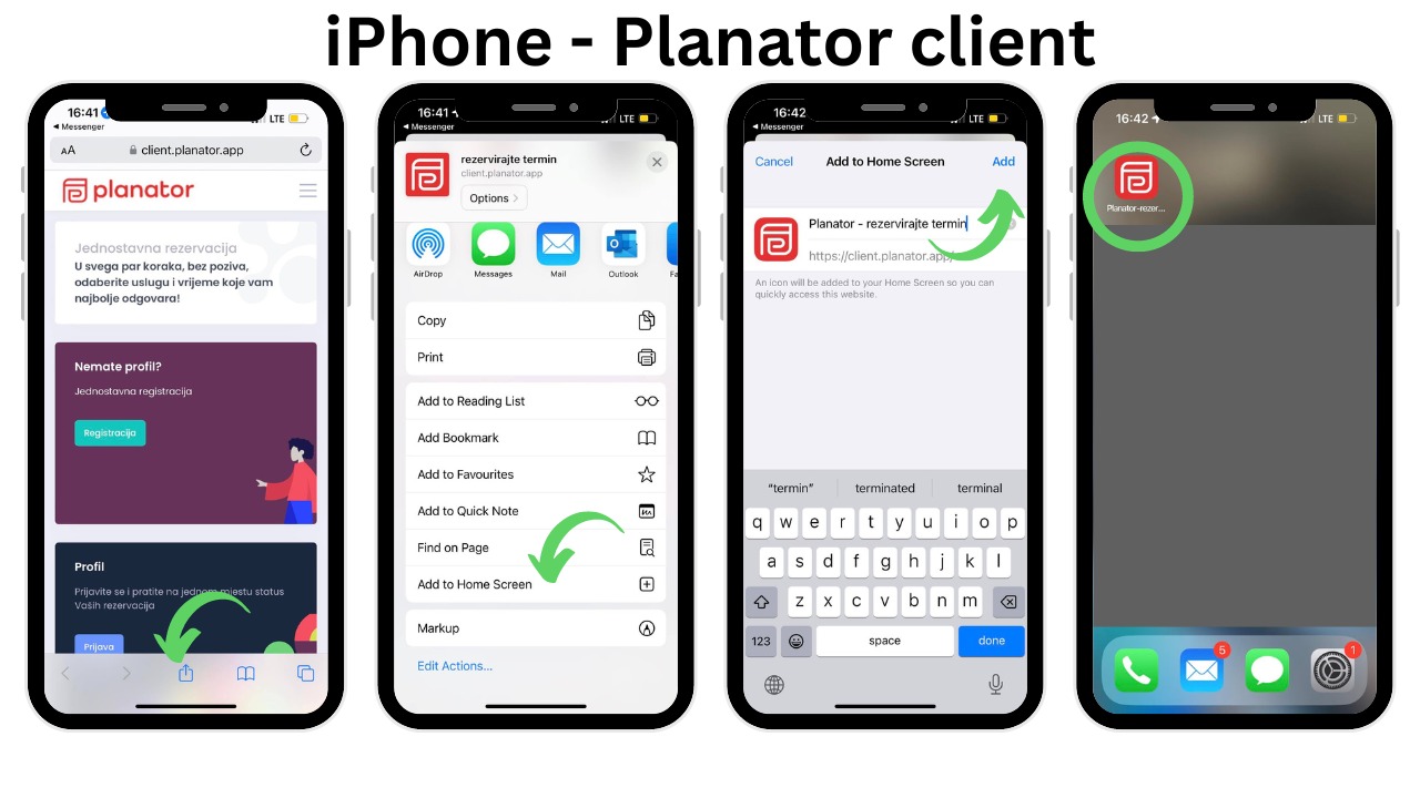 iPhone: Safari, Dijeli, Dodaj na početni zaslon, Dodaj