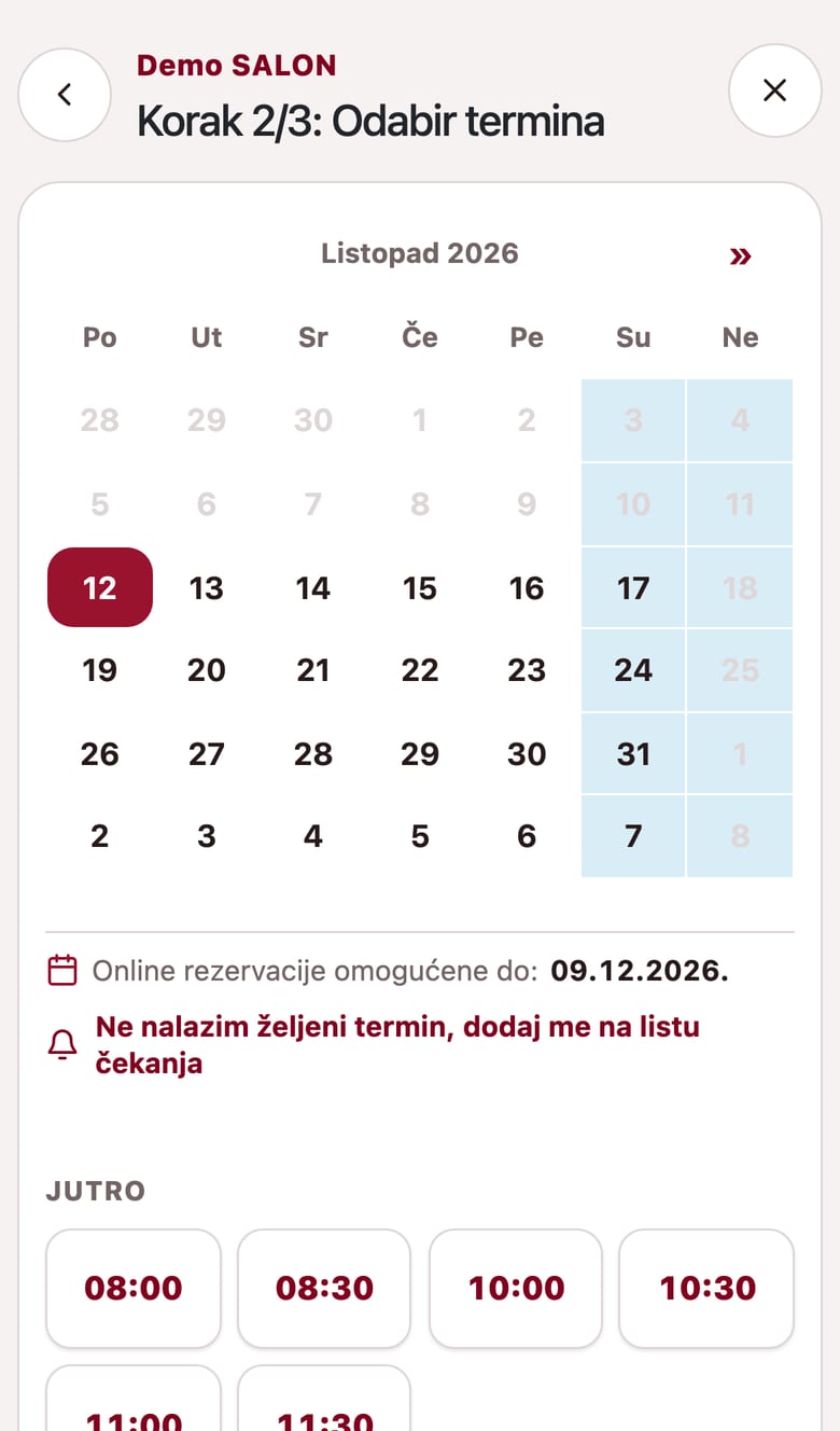 Korak 2/3: kalendar, slobodni termini i poveznica za listu čekanja